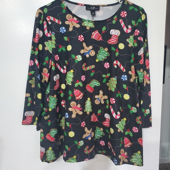 Agb Dress Tops - Festive Black Holiday Print Women's Tunic
